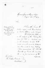 3 pages written 7 Dec 1874 by John Davies Ormond in Napier City to Auckland City, from Hawke's Bay.  McLean and J D Ormond, Superintendents - Public Works.  Lands and Survey Office.  Crown Lands Office