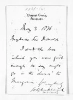 1 page written 3 May 1876 by Bishop William Garden Cowie in Auckland Region to Sir Donald McLean, from Inward letters - Surnames, Cor - Cox