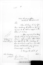 20 pages written 22 Mar 1861 by Sir Donald McLean in Auckland Region to Sir Thomas Robert Gore Browne, from Secretary, Native Department -  War in Taranaki and Waikato and King Movement