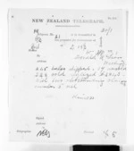 1 page written 3 Sep 1871 by John Gibson Kinross to Sir Donald McLean in Wellington, from Native Minister and Minister of Colonial Defence - Inward telegrams