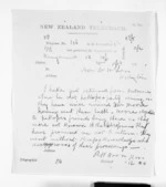 1 page written 15 Oct 1871 by Richard Watson Woon in Wanganui to Sir Donald McLean in Wellington, from Native Minister and Minister of Colonial Defence - Inward telegrams