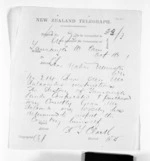1 page written 10 Oct 1871 by Henry Tacy Clarke in Tauranga to Sir Donald McLean, from Native Minister and Minister of Colonial Defence - Inward telegrams