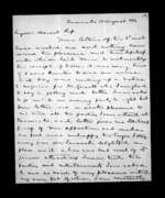 8 pages written 13 Aug 1852 by Sir Donald McLean in Taranaki Region to Susan Douglas McLean, from Inward family correspondence - Susan McLean (wife)