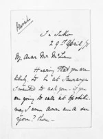 3 pages written 29 Apr 1871 by H F Way to Sir Donald McLean, from Inward letters and diary extracts - H F Way