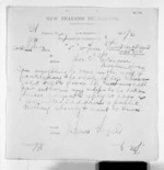 1 page written 23 Oct 1870 by Sir Julius Vogel to Sir Donald McLean in Wellington, from Native Minister and Minister of Colonial Defence - Inward telegrams