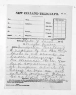 1 page written 7 Jan 1874 by Sir Donald McLean in Otaki to Edward Lister Green in Auckland City, from Native Minister and Minister of Colonial Defence - Outward telegrams