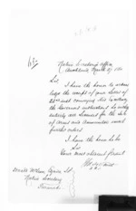 1 page written 27 Mar 1860 by Thomas Henry Smith in Auckland City to Sir Donald McLean in Taranaki Region, from Secretary, Native Department - War in Taranaki and Waikato and  King Movement