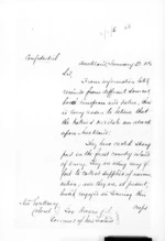 4 pages written 23 Jan 1861 by Sir Donald McLean in Auckland City to Sir Thomas Robert Gore Browne, from Secretary, Native Department -  War in Taranaki and Waikato and King Movement