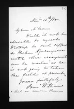 1 page written 16 Nov 1868 by Canon Samuel Williams to Sir Donald McLean, from Inward letters - Samuel Williams