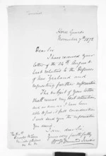 1 page written 7 Nov 1872 by Sir William Francis Drummond Jervois to Sir Donald McLean, from Inward letters - Surnames, Jar - Joh