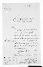 2 pages written 22 Mar 1860 by Henry Stokes Tiffen in Napier City to Sir Donald McLean, from Hawke's Bay.  McLean and J D Ormond, Superintendents - Public Works.  Lands and Survey Office.  Crown Lands Office