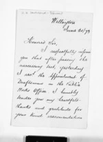 2 pages written 21 Jun 1873 by W H Townsend-Stewart in Wellington to Sir Donald McLean, from Inward letters - Surnames, Tol - Tox