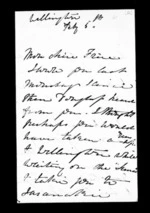 3 pages written 5 Feb 1872 by Annabella McLean in Wellington to Sir Donald McLean, from Inward family correspondence - Annabella McLean (sister)