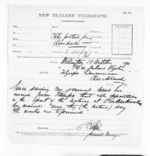 1 page to Sir Julius Vogel in Auckland City, from Native Minister and Minister of Colonial Defence - Inward telegrams