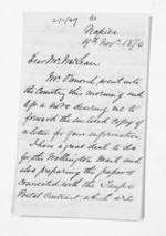 4 pages written 19 Nov 1870 by Edward Lister Green in Napier City to Sir Donald McLean, from Inward letters - Edward L Green