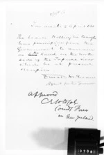1 page written 2 Apr 1860 by Sir Donald McLean in Taranaki Region, from Secretary, Native Department - War in Taranaki and Waikato and  King Movement