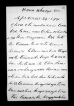 2 pages written 24 Apr 1871 by Rawiri Arapata in Whangaroa to Sir Donald McLean, from Documents in Maori