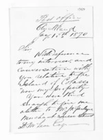 3 pages written 12 Jan 1870 by Neil McKinnon in Auckland City to Sir Donald McLean, from Inward letters - Surnames, McKen - McLac