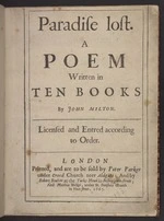 2nd title-page. Paradise lost. A poem written in ten books by John Milton. Licensed and entred according ...