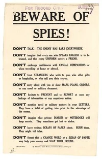 'Beware of Spies' World War I propaganda poster | Record | DigitalNZ
