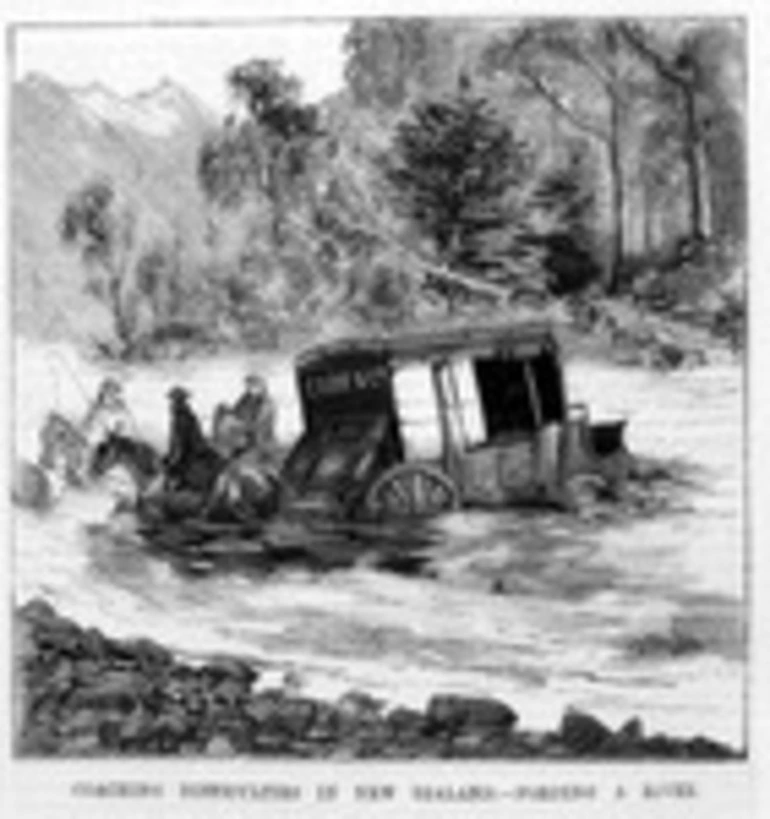 Image: COACHING DIFFICULTIES IN NEW ZEALAND. - FORDING A RIVER