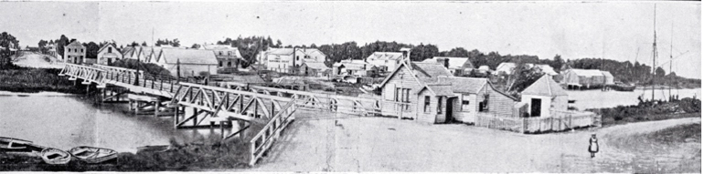 Image: The old Kaiapoi bridge and the north side of town in 1864, North Canterbury