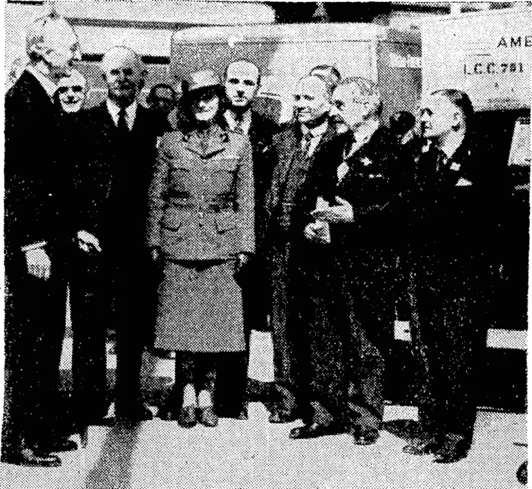 Image: Miss Jean Batten, famous New Zealand airwoman, with Sir George Franckenstein, Mr. Emil Davies, M.P., chairman of the London. County Council) and Sir William Bragg, when an-ambulance wagon ivas presented by the Ambulance Trust Fund. (Evening Post, 25 June 1940)