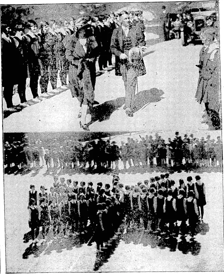 Image: A...W. Schaef, Ptoto. VICE-REGAL VISIT TO EAST GIRLS' COLLEGE.—At top, Lady Alice Tcrgusson, accompanied by Captain Orr-Ewing, inspecting the Guard of Honour comprising girls of the Wellington East Girls' College on Saturday afternoon at the sale of work at the college. Below, girls of the college during one of the marching movements which were a feature of the afteruociCs programme. (Evening Post, 04 November 1929)