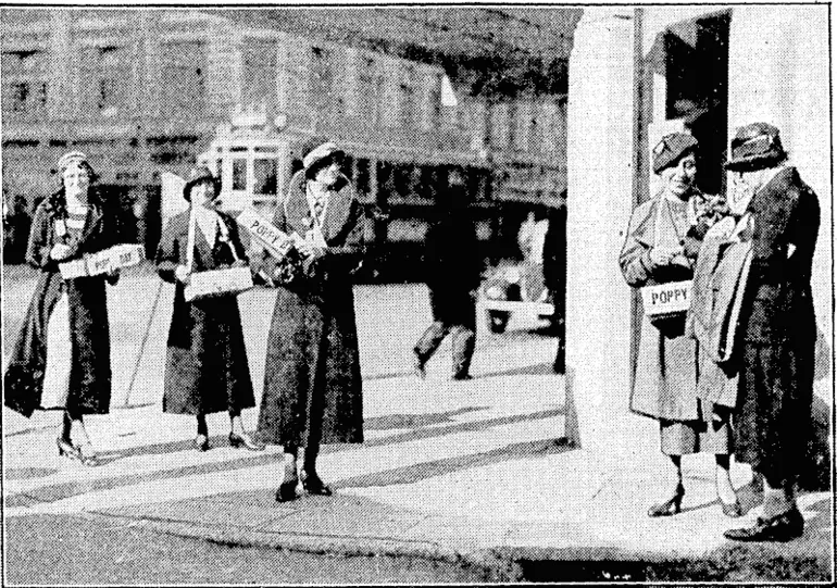 Image: Evening Post" rhoto. "POPPY DAY" IN WELLINGTON.Â—A seller in the city does business, while others are on the: lookout, for possible customers. ■ (Evening Post, 20 April 1934)