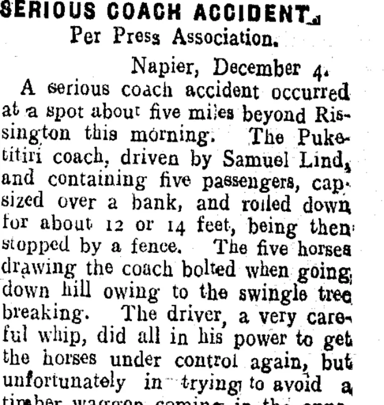 Image: BERIOUS COACH ACCIDENT. (Taranaki Daily News 5-12-1906)