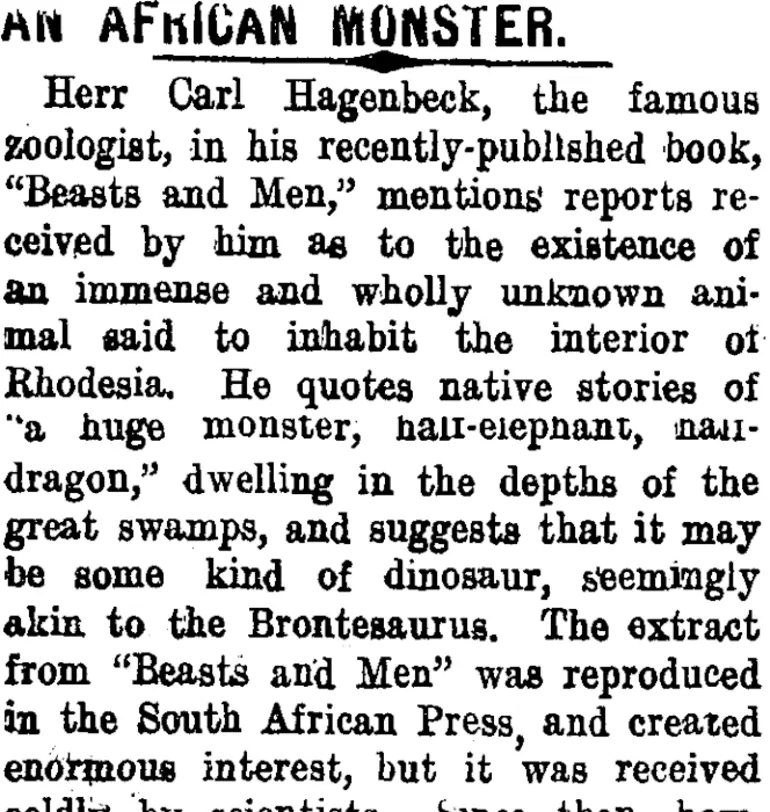 Image: AN AFRICAN MONSTER. (Taranaki Daily News 19-2-1910)