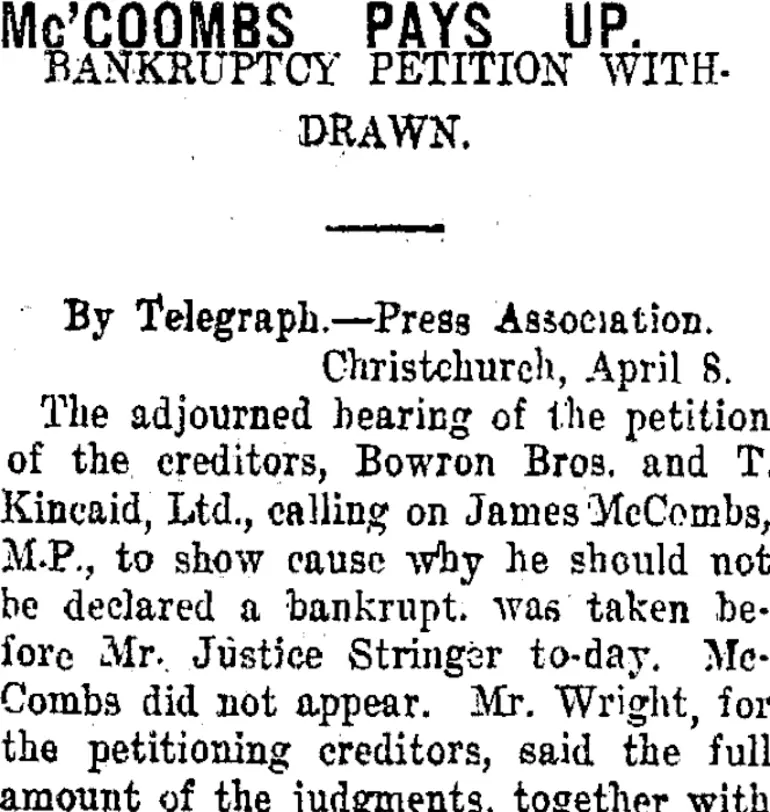 Image: Mc'COOMBS PAYS UP. (Taranaki Daily News 9-4-1918)