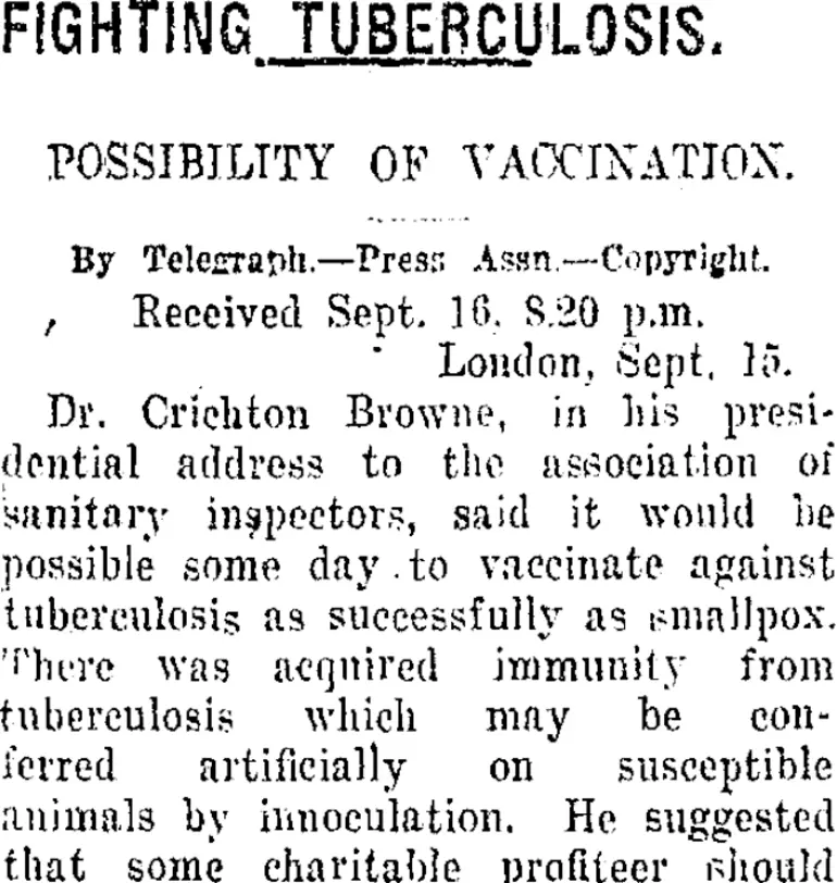Image: FIGHTING TUBERCULOSIS. (Taranaki Daily News 17-9-1920)