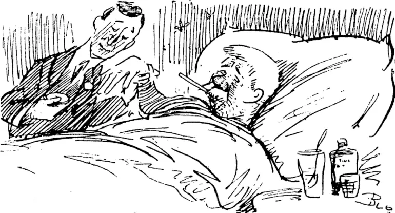 Image: PEACE AND THE Si FLU.'' The Patient: Peace be BLO'D���people sucking beer in town while 1 suck the thermometer in bed ! (Observer, 30 November 1918)