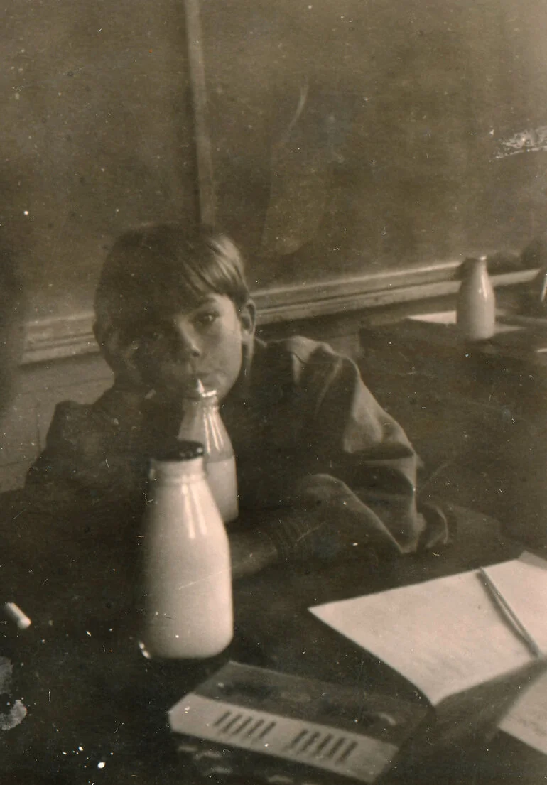 Image: Te Marua School; boy drinking milk; circa 1955