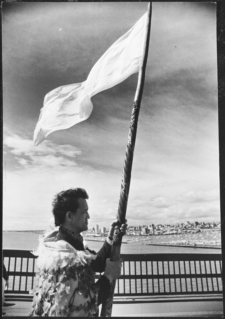 Image: Flag bearer leading the Maori Land March over the Auckland...