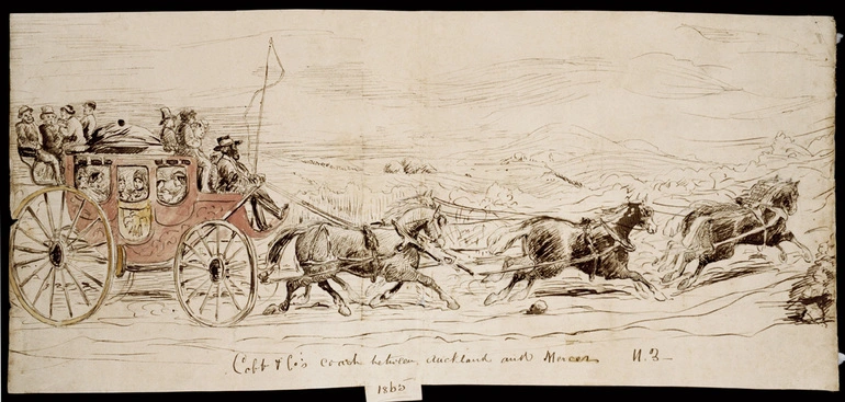 Image: Cobb and Co's coach between Auckland and Mercer N. Z - 1865