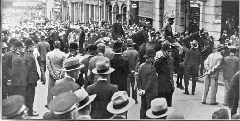 Image: Showing mounted, foot police and special constables keeping order during the Queen street riots... April1932