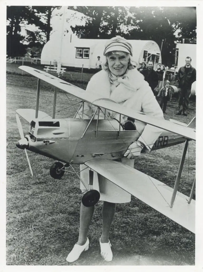 Image: Jean Batten with model of Gipsy Moth