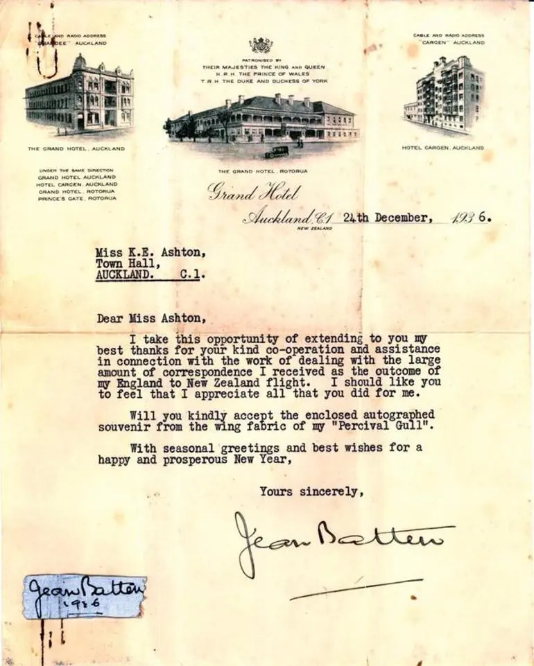 Image: Letter from Jean Batten to Miss Kate Ashton thanking her for her secretarial services to Jean Batten in 1936