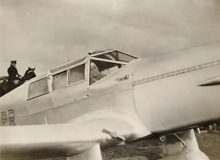 Image: Jean Batten arriving in Mangere, Auckland after solo flight from England in Percival Gull G-ADPR aircraft