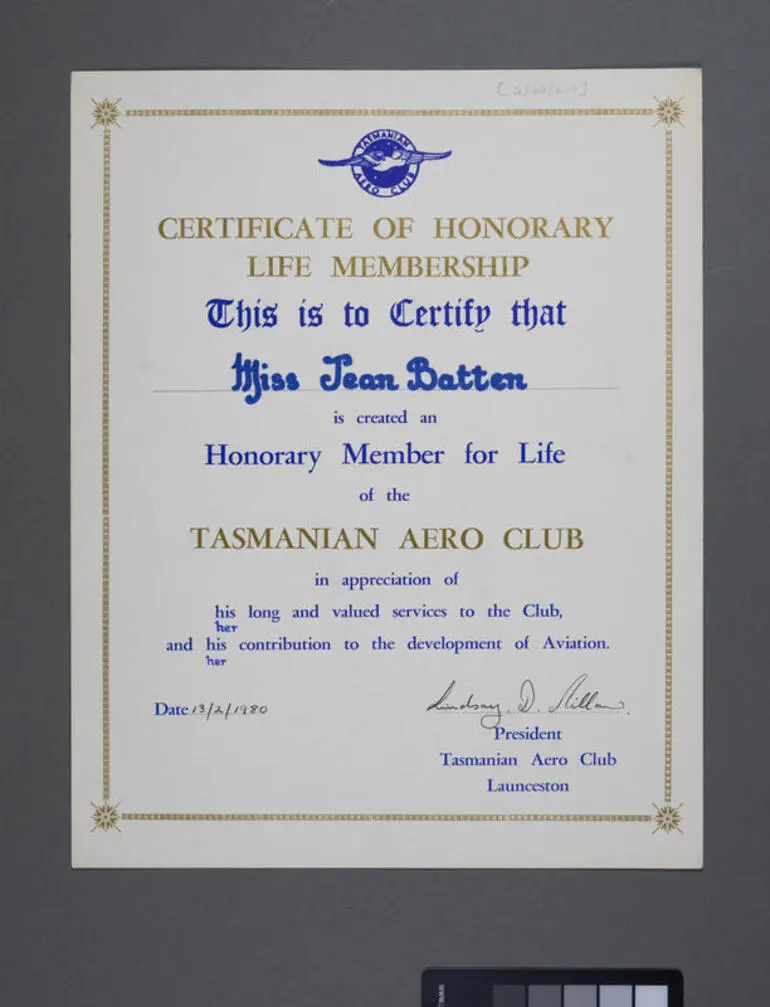 Image: Honorary Life Membership to Jean Batten
