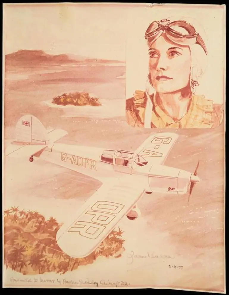 Image: Reproduction of a photographic collage of Jean Batten and the Percival Gull