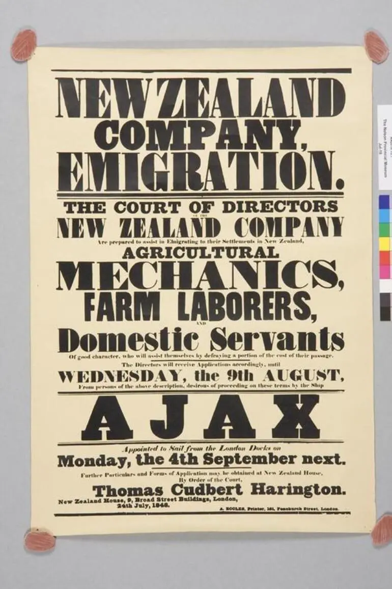Image: New Zealand Company emigration : the court of directors of the New Zealand Company are prepared to assist in emigration to their settlements in New Zealand : agricultural mechanics, farm laborers and domestic servants of good character who will asisst themselves by defraying a portion of the cost of their passage...by the ship Ajax appointed to sail...4 Septmebr next...24th July 1848