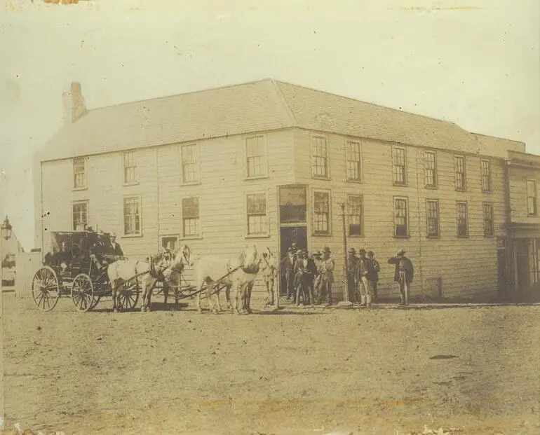 Image: Arrival of first Cobb & Co. coach from Whanganui outside White Hart Hotel, New Plymouth.