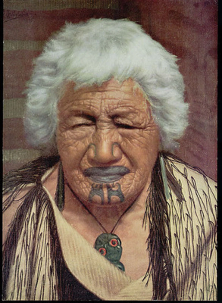 Image: Painting by C. Frederick Goldie of Chietainess Kapi Kapi, 103 Years Old, of Arawa Tribe, in Flax-Fiber Dress and with Chin And Nose Tattoos, Nephrite Hei-Tiki (Amulet), and Earrings
