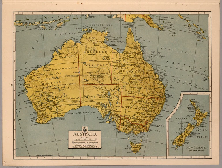 Image: Australia. Copyright, J.W. Clement Co., Matthews-Northrup Works, Buffalo, N.Y. (inset map) New Zealand.
