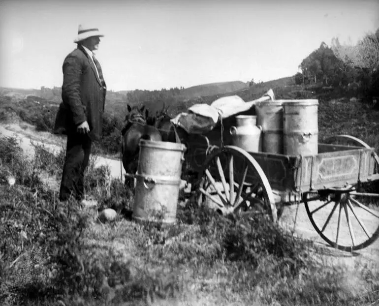 Image: Cart loaded with milk churns at Whitehall School