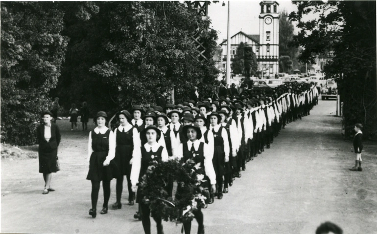 Image: Rotorua High School girls marching into Government gardens on ANZAC Day