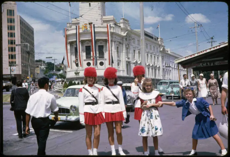 Image: Marching girls outside the Auckland Town Hall, 1963